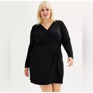 Nine West Faux Wrap Dress Black Knee Lenght Size 3X NWT V-Neck Long Sleeve